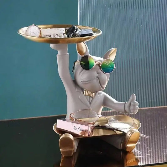 Französische Bulldogge Dekofigur mit Ablageschale – Moderne Schlüssel- & Schmuckablage
