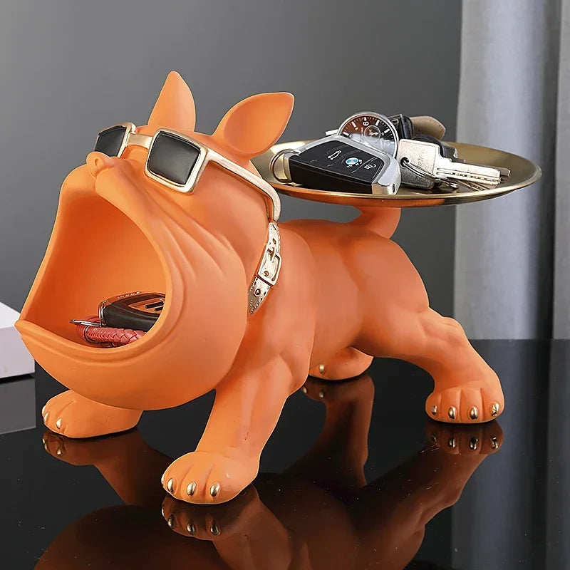 Resin Bulldogge Dekofigur mit Ablageschale – Hund Statue für stilvolle Wohnraumdekoration