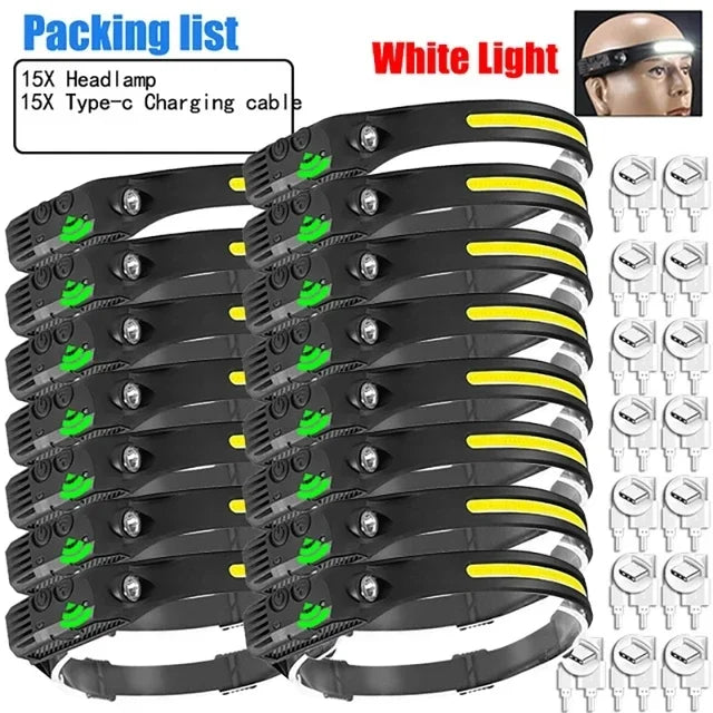 USB wiederaufladbare LED Stirnlampe – COB Arbeitslicht, wasserdicht, Sensorlicht, ideal für Angeln, Camping & Outdoor