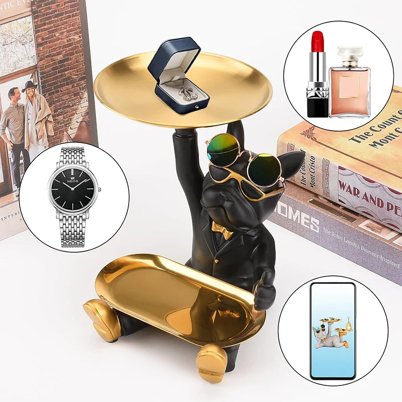 Französische Bulldogge Dekofigur mit Ablageschale – Moderne Schlüssel- & Schmuckablage