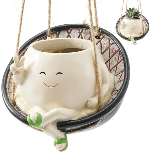 Lustiger Schaukel-Blumentopf mit Gesicht – Hängende Pflanzen-Deko aus Kunstharz für Balkon, Garten & Wohnzimmer