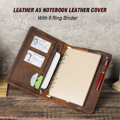 Retro Business Notizbuch A5 mit Ledercover, 6-Ring-Organizer, Stifthalter, iPad Mini Fach, Kartenfächer, Reise-Portfolio