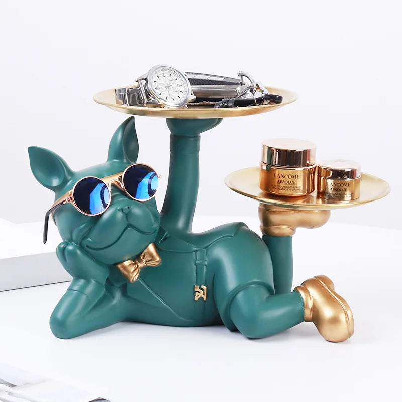 Resin Bulldoggen Statue mit Tablett – Multifunktionale Dekofigur für Schreibtisch und Wohnraum