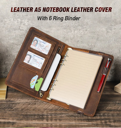 Retro Business Notizbuch A5 mit Ledercover, 6-Ring-Organizer, Stifthalter, iPad Mini Fach, Kartenfächer, Reise-Portfolio
