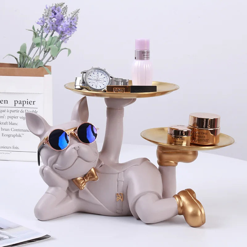 Resin Bulldoggen Statue mit Tablett – Multifunktionale Dekofigur für Schreibtisch und Wohnraum