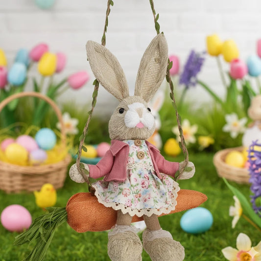 Osterhase Figur auf Schaukel – Handgefertigte Gras-Deko, Hängende Wohn- und Festdekoration