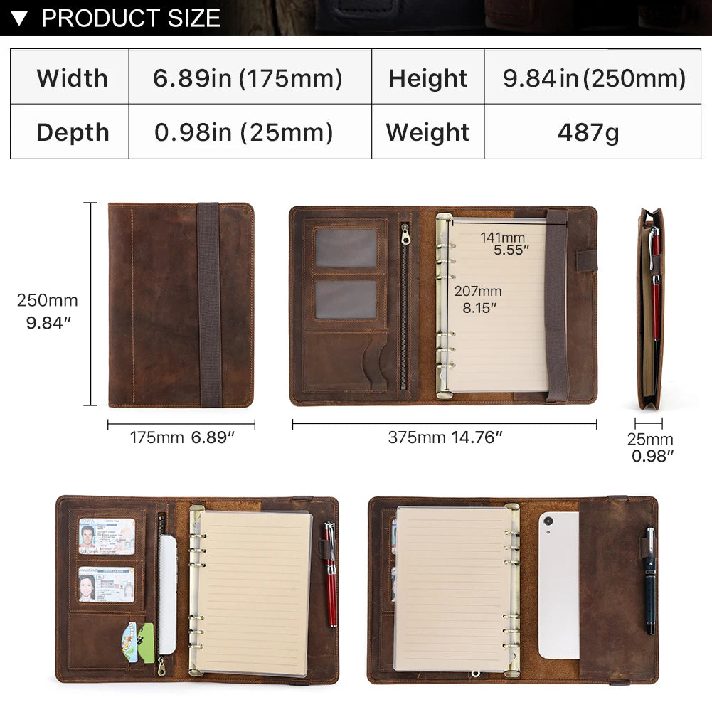 Retro Business Notizbuch A5 mit Ledercover, 6-Ring-Organizer, Stifthalter, iPad Mini Fach, Kartenfächer, Reise-Portfolio