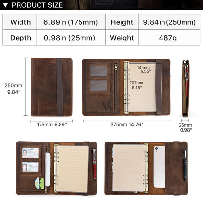 Retro Business Notizbuch A5 mit Ledercover, 6-Ring-Organizer, Stifthalter, iPad Mini Fach, Kartenfächer, Reise-Portfolio