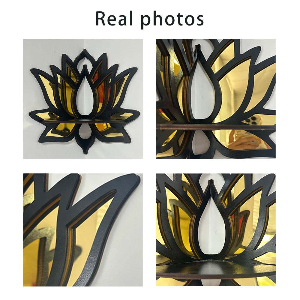 Lotus Wandregal aus Holz mit Spiegel – Dekorative Ablage für Kerzen & Duftöle