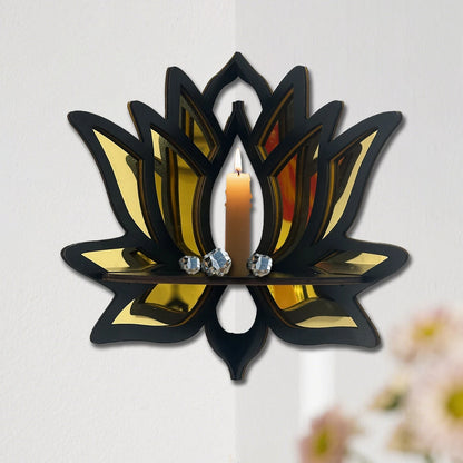 Lotus Wandregal aus Holz mit Spiegel – Dekorative Ablage für Kerzen & Duftöle