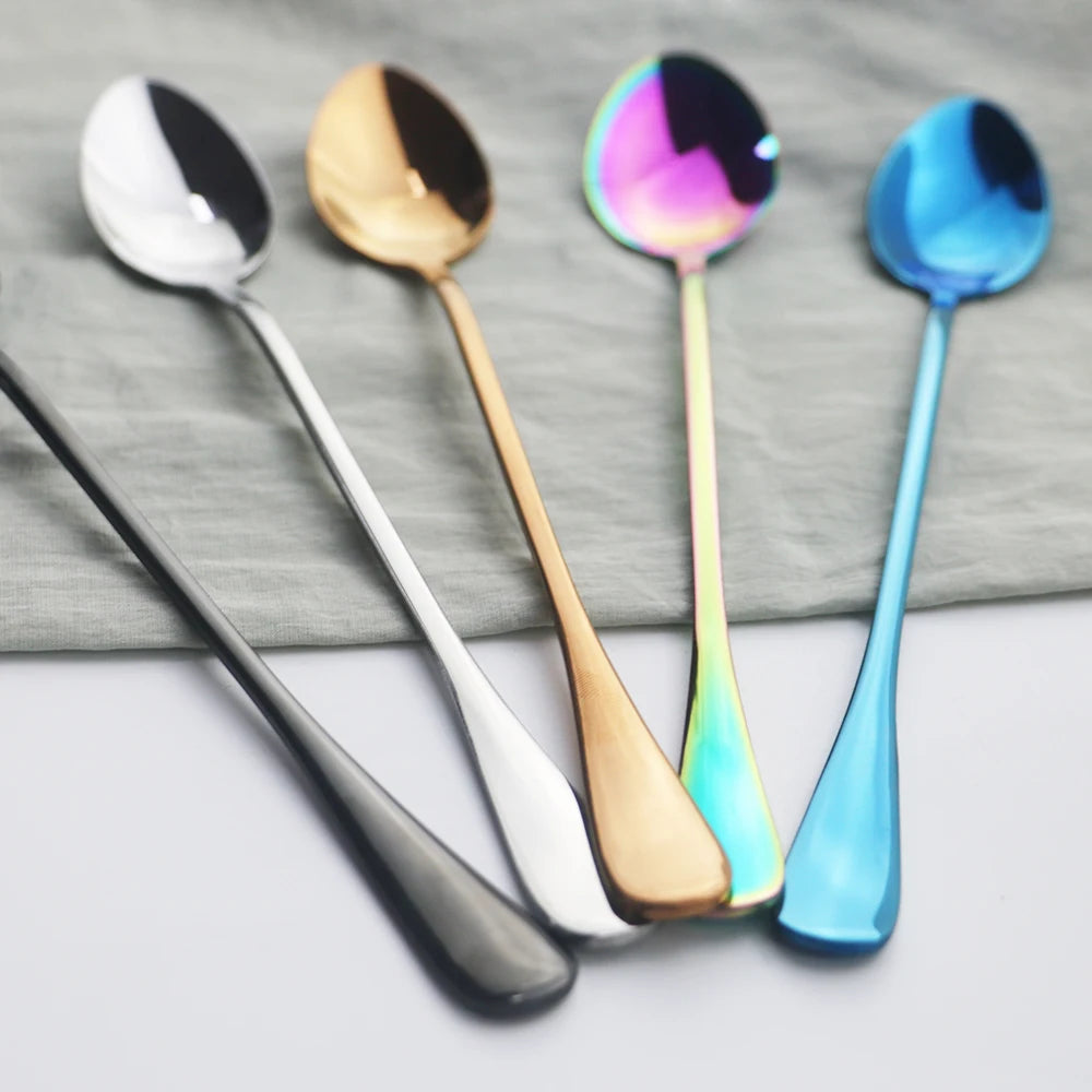 4er Set Edelstahl-Löffel mit langem Griff – Dessert-, Eis-, Kaffee- & Rührlöffel, Party- und Tischbesteck