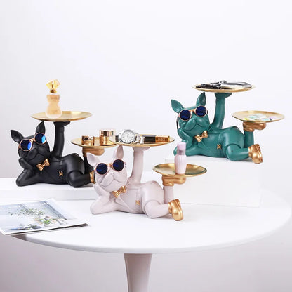Resin Bulldoggen Statue mit Tablett – Multifunktionale Dekofigur für Schreibtisch und Wohnraum