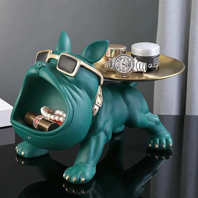 Resin Bulldogge Dekofigur mit Ablageschale – Hund Statue für stilvolle Wohnraumdekoration
