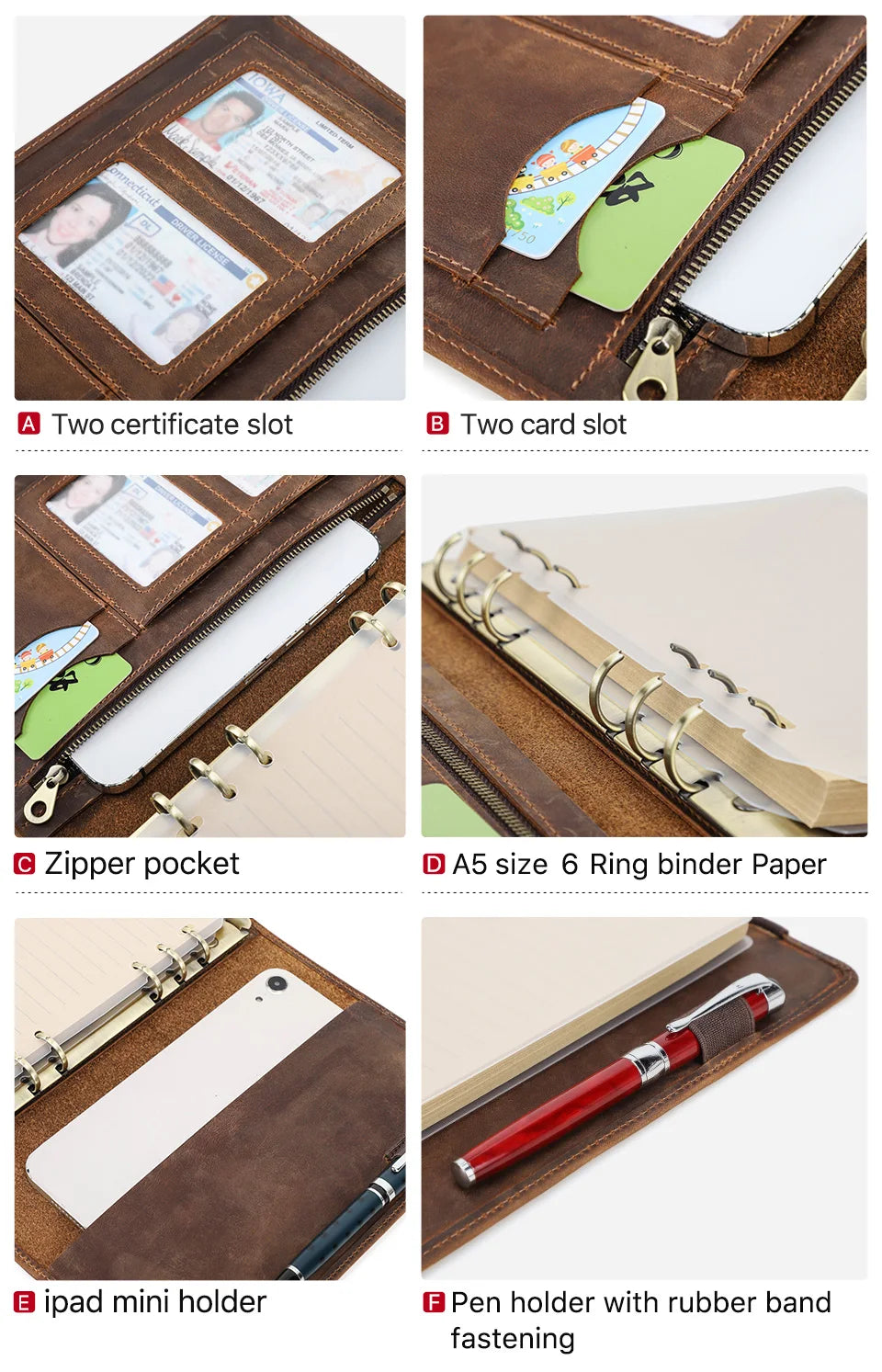 Retro Business Notizbuch A5 mit Ledercover, 6-Ring-Organizer, Stifthalter, iPad Mini Fach, Kartenfächer, Reise-Portfolio