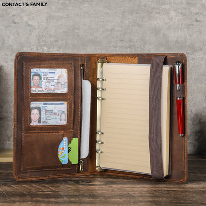 Retro Business Notizbuch A5 mit Ledercover, 6-Ring-Organizer, Stifthalter, iPad Mini Fach, Kartenfächer, Reise-Portfolio