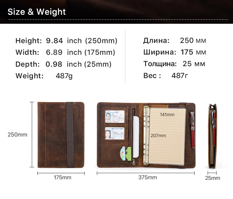 Retro Business Notizbuch A5 mit Ledercover, 6-Ring-Organizer, Stifthalter, iPad Mini Fach, Kartenfächer, Reise-Portfolio