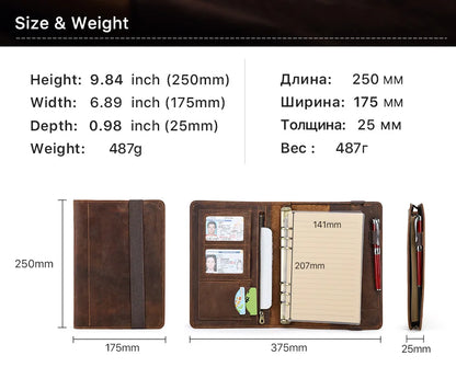 Retro Business Notizbuch A5 mit Ledercover, 6-Ring-Organizer, Stifthalter, iPad Mini Fach, Kartenfächer, Reise-Portfolio