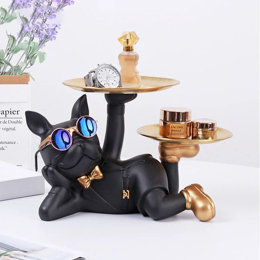 Resin Bulldoggen Statue mit Tablett – Multifunktionale Dekofigur für Schreibtisch und Wohnraum