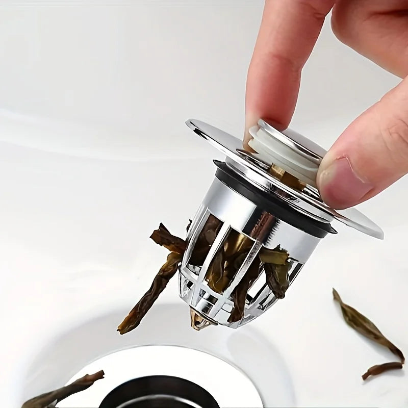Universal Waschbecken-Abflussstöpsel mit Pop-up & Haarfänger – Chrom/Metall Filter, leicht zu drücken