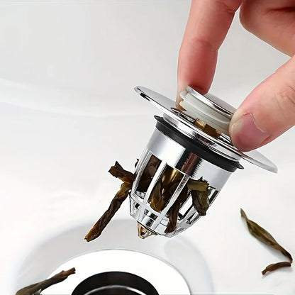 Universal Waschbecken-Abflussstöpsel mit Pop-up & Haarfänger – Chrom/Metall Filter, leicht zu drücken