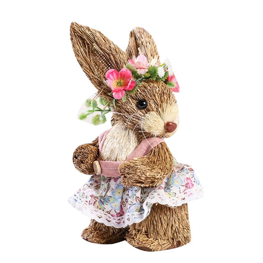 Stroh Osterhase Dekofigur – Stehende Hasenfigur mit Blumenkranz für Frühling und Festdekoration