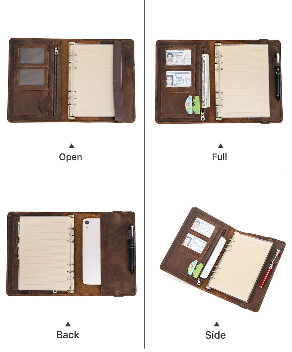 Retro Business Notizbuch A5 mit Ledercover, 6-Ring-Organizer, Stifthalter, iPad Mini Fach, Kartenfächer, Reise-Portfolio