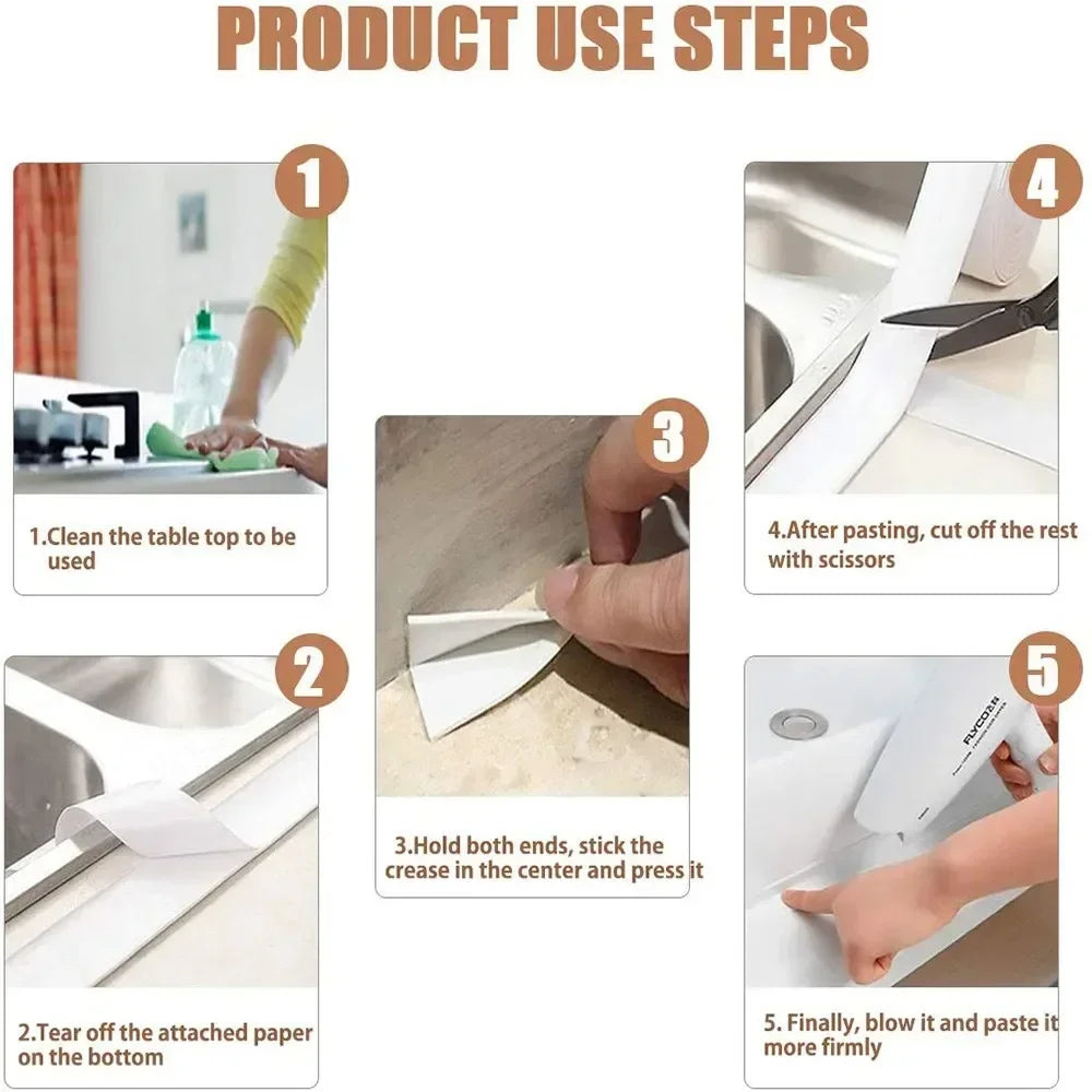 Wasser- & Ölresistentes PVC Dichtband – Selbstklebend, Küchen- & Badezimmerecken, 1 m / 2 m / 3,2 m