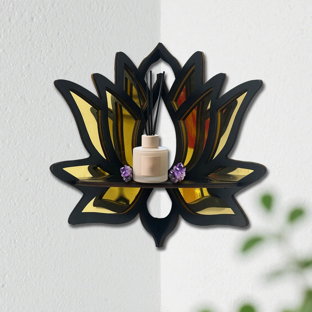 Lotus Wandregal aus Holz mit Spiegel – Dekorative Ablage für Kerzen & Duftöle