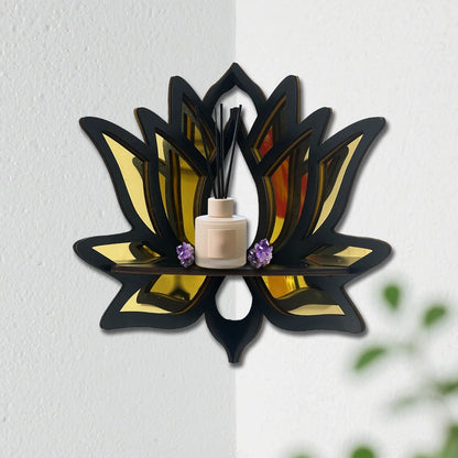 Lotus Wandregal aus Holz mit Spiegel – Dekorative Ablage für Kerzen & Duftöle